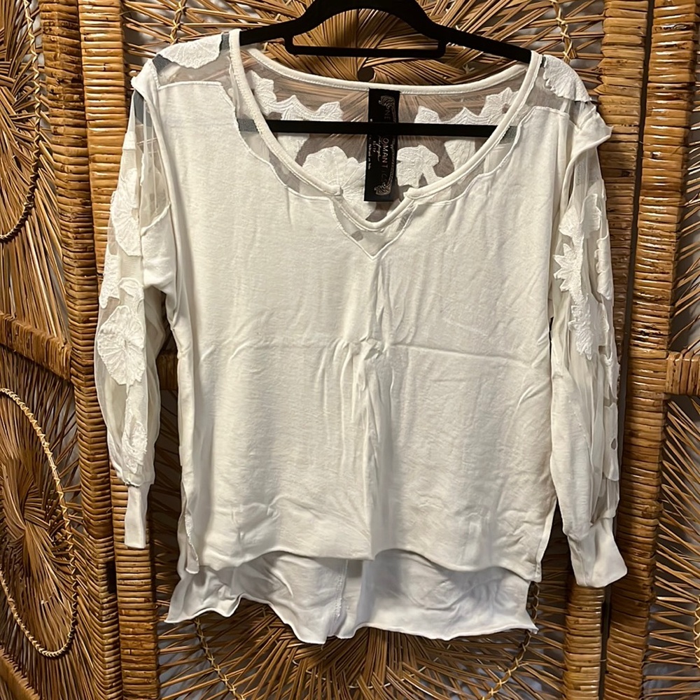 Free People New Romantics Sheer Appliqué Off-White Top - Size XS